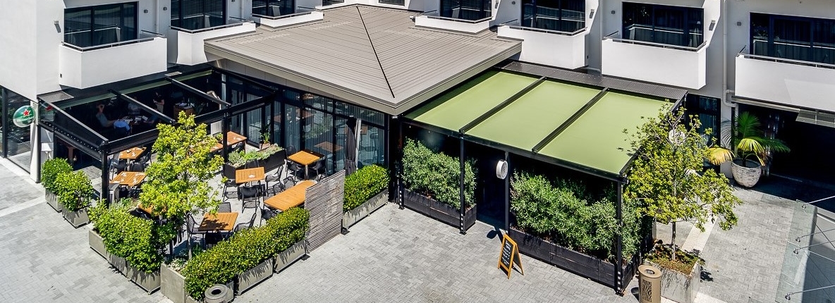 Aerial view of the covered dining space at Malo and Smith & Sheth, Havelock North