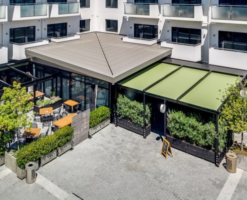 Aerial view of the covered dining space at Malo and Smith & Sheth, Havelock North