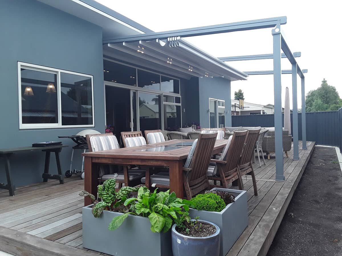 Retractable roof for large suburban deck Douglas Innovation Hawke's Bay